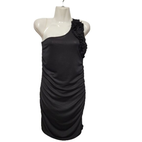 ONE Shoulder Body Con Black Dress Mini Ruched Ruffle  Size L - Picture 6 of 10